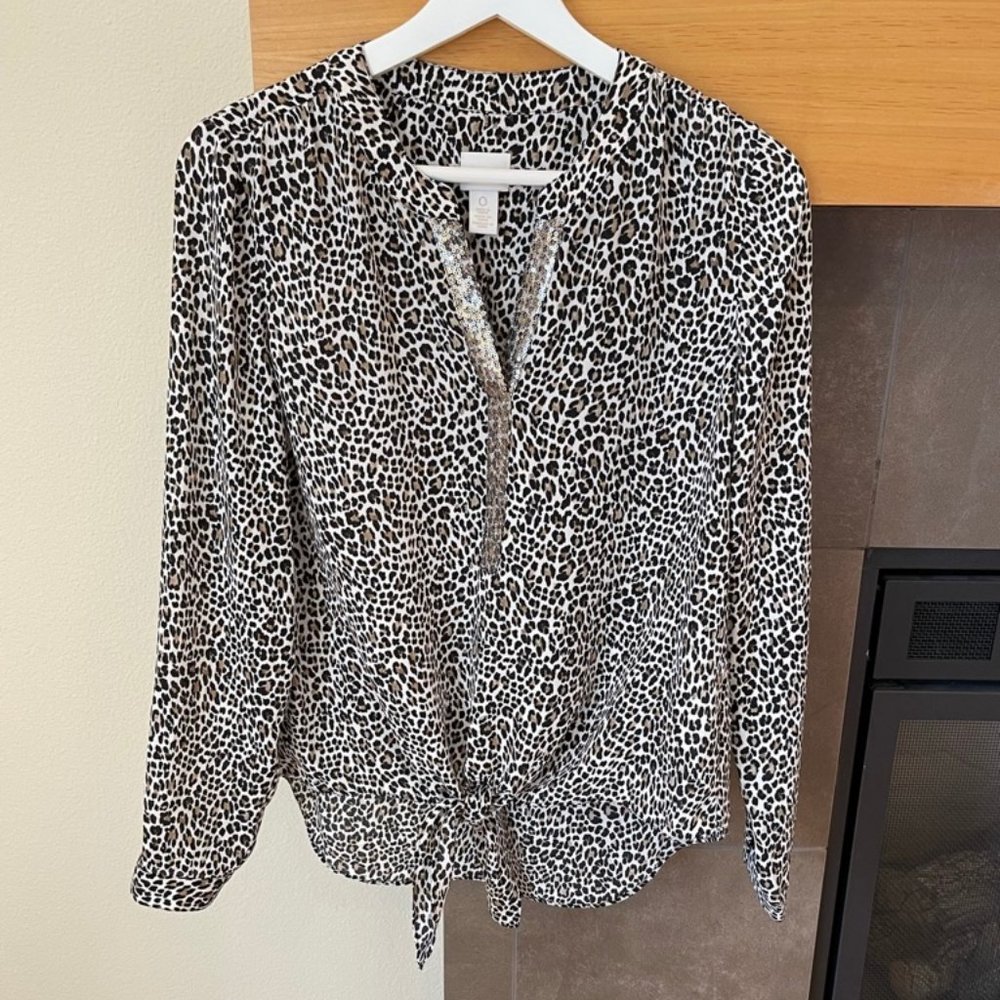 CHICO'S Animal Print Long Sleeve Blouse Top Sequin Detail Size 0 (US size Small)